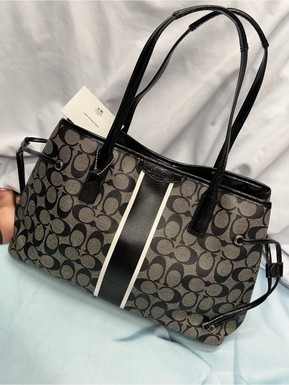 (new+tag) Coach Signature Drawstring Monogram Tote with Black Varsity Stripe